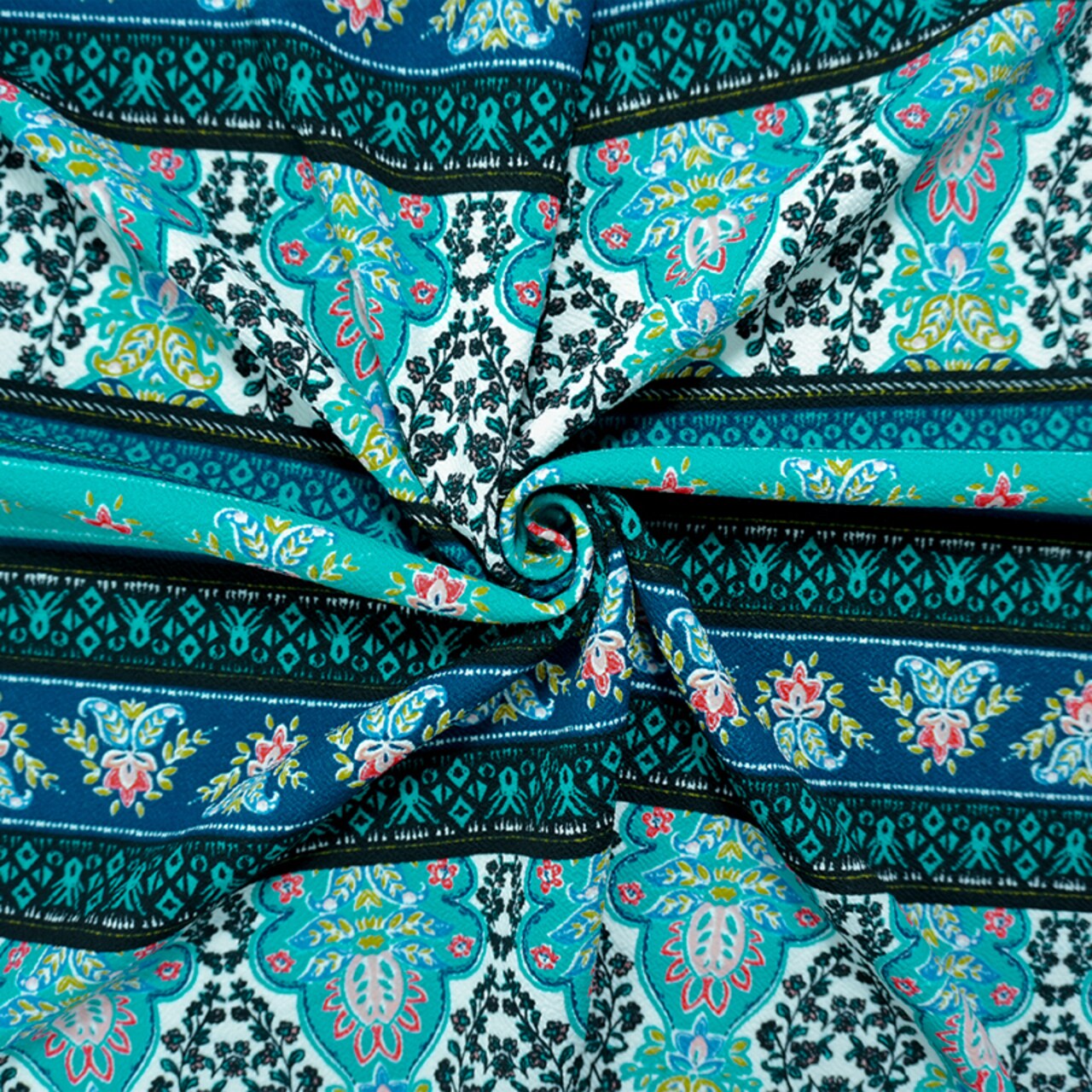 Teal-Black-Multi Poly Boho Print Liverpool Double Knit Fabric By the Yard